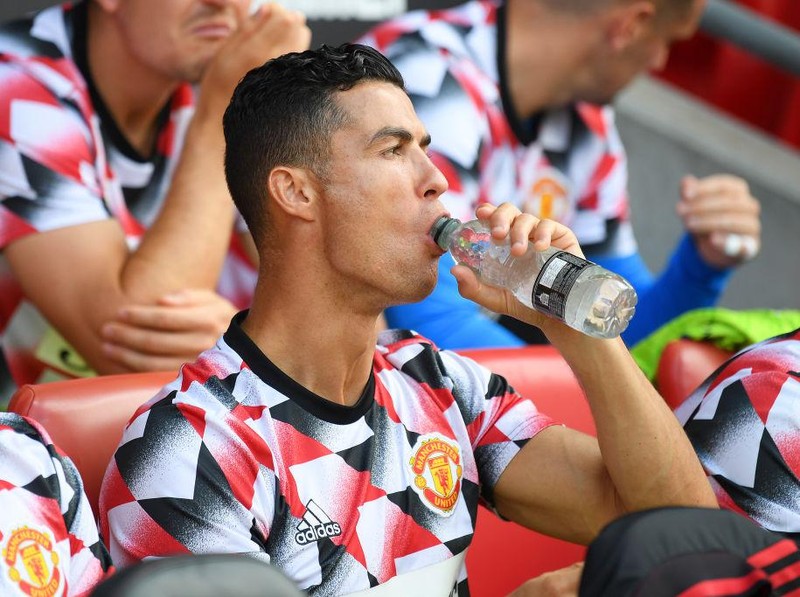 SOUTHAMPTON, ENGLAND - AUGUST 27: Cristiano Ronaldo of Manchester United looks on from the bench prior to the Premier League match between Southampton FC and Manchester United at Friends Provident St. Mary's Stadium on August 27, 2022 in Southampton, England. (Photo by Mike Hewitt/Getty Images)