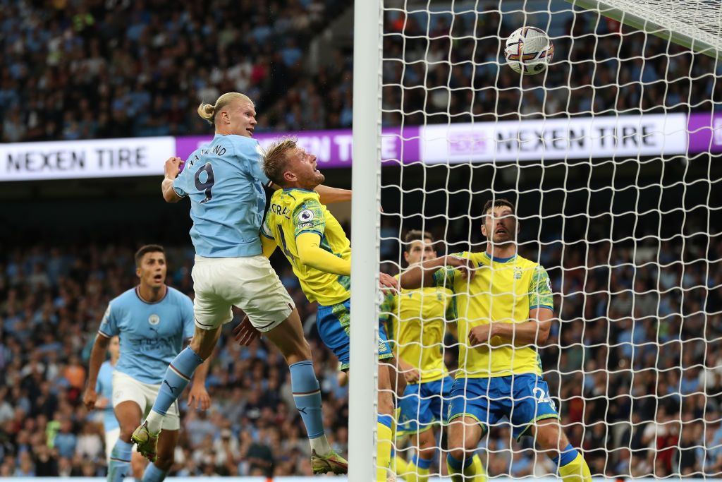 MANCHESTER, ENGLAND - AUGUST 31: Erling Haaland of Manchester City celebrates scoring their side's first goal during the Premier League match between Manchester City and Nottingham Forest at Etihad Stadium on August 31, 2022 in Manchester, England. (Photo by Michael Regan/Getty Images)