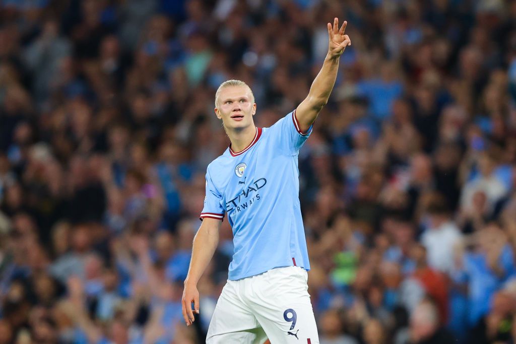 MANCHESTER, ENGLAND - AUGUST 31: Erling Haaland of Manchester City celebrates after scoring his side's third goal and celebrates his hat trick during the Premier League match between Manchester City and Nottingham Forest at Etihad Stadium on August 31, 2022 in Manchester, England. (Photo by James Gill - Danehouse/Getty Images)