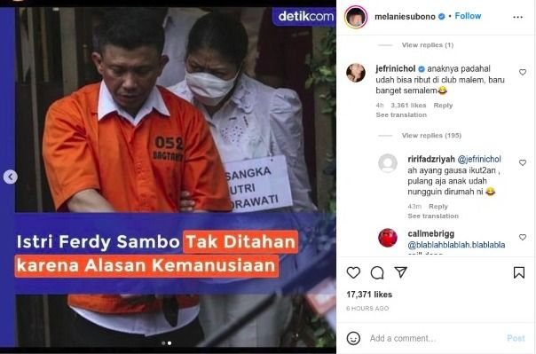 Komentar Jefri Nichol soal anak Ferdy Sambo di unggahan Melanie Subono.