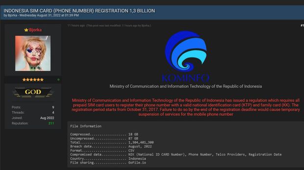 tangkapan layar data sim card kominfo dijual di forum gelap.