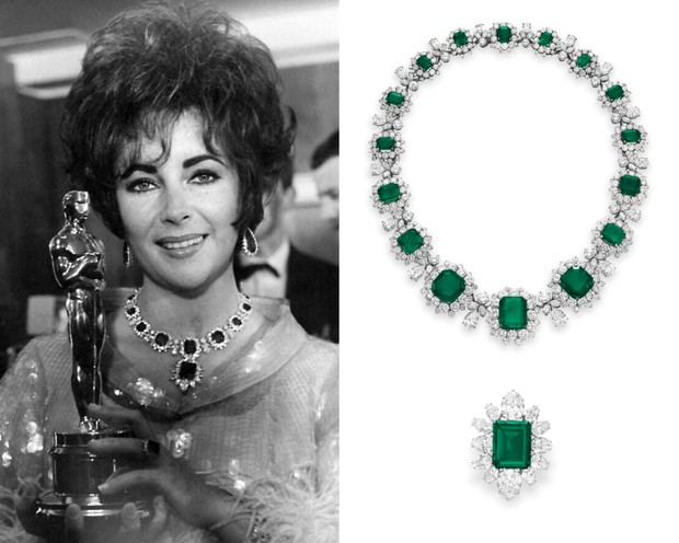 Liz Taylor memakai kalung emerald & diamond dari Bulgari/