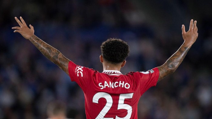 LEICESTER, ENGLAND - SEPTEMBER 01: Jadon Sancho of Manchester United during the Premier League match between Leicester City and Manchester United at The King Power Stadium on September 1, 2022 in Leicester, United Kingdom. (Photo by Joe Prior/Visionhaus via Getty Images)