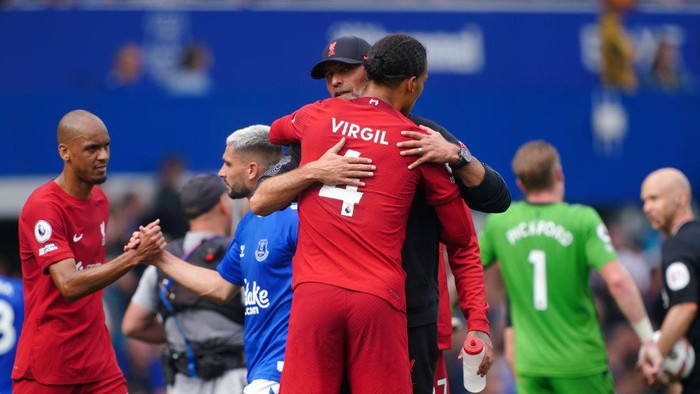 Liverpools Virgil van Dijk greets manager Jurgen Klopp following during the Premier League match at Goodison Park, Liverpool. Picture date: Saturday September 3, 2022. (Photo by Peter Byrne/PA Images via Getty Images)
