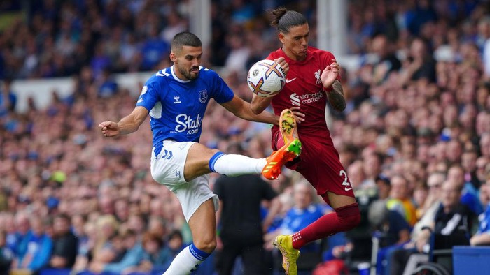 Evertons Conor Coady (left) and Liverpools Darwin Nunez battle for the ball during the Premier League match at Goodison Park, Liverpool. Picture date: Saturday September 3, 2022. (Photo by Peter Byrne/PA Images via Getty Images)