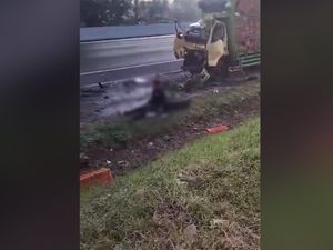 Penampakan Truk Bermuatan Ayam Tabrak Bus Primajasa di Tol Japek