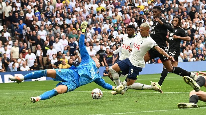 Tottenham vs Fulham Tottenham Hotspur's Brazilian striker Richarlison (C) scores but his goal is disallowed after a VAR (Video Assistant Referee) review during the English Premier League football match between Tottenham Hotspur and Fulham at Tottenham Hotspur Stadium in London, on September 3, 2022. - - RESTRICTED TO EDITORIAL USE. No use with unauthorized audio, video, data, fixture lists, club/league logos or 'live' services. Online in-match use limited to 120 images. An additional 40 images may be used in extra time. No video emulation. Social media in-match use limited to 120 images. An additional 40 images may be used in extra time. No use in betting publications, games or single club/league/player publications. (Photo by Glyn KIRK / AFP) / RESTRICTED TO EDITORIAL USE. No use with unauthorized audio, video, data, fixture lists, club/league logos or 'live' services. Online in-match use limited to 120 images. An additional 40 images may be used in extra time. No video emulation. Social media in-match use limited to 120 images. An additional 40 images may be used in extra time. No use in betting publications, games or single club/league/player publications. / RESTRICTED TO EDITORIAL USE. No use with unauthorized audio, video, data, fixture lists, club/league logos or 'live' services. Online in-match use limited to 120 images. An additional 40 images may be used in extra time. No video emulation. Social media in-match use limited to 120 images. An additional 40 images may be used in extra time. No use in betting publications, games or single club/league/player publications. (Photo by GLYN KIRK/AFP via Getty Images)
