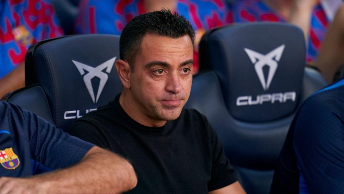 BARCELONA, SPAIN - AUGUST 28: Xavi Hernandez, Manager of FC Barcelona looks on prior to the LaLiga Santander match between FC Barcelona and Real Valladolid CF at Camp Nou on August 28, 2022 in Barcelona, Spain. (Photo by Pedro Salado/Quality Sport Images/Getty Images)