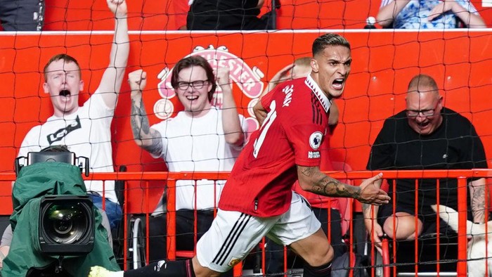 Manchester Uniteds Antony celebrates scoring their sides first goal of the game during the Premier League match at Old Trafford, Manchester. Picture date: Sunday September 4, 2022. (Photo by Martin Rickett/PA Images via Getty Images)