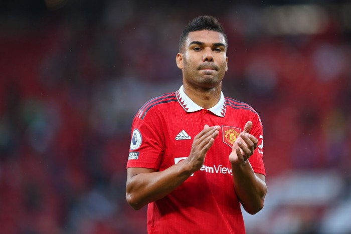 MANCHESTER, ENGLAND - SEPTEMBER 04: Casemiro of Manchester United in action during the Premier League match between Manchester United and Arsenal FC at Old Trafford on September 04, 2022 in Manchester, England. (Photo by Michael Regan/Getty Images)