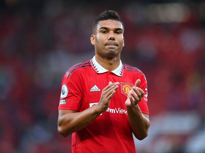 MANCHESTER, ENGLAND - SEPTEMBER 04: Casemiro of Manchester United in action during the Premier League match between Manchester United and Arsenal FC at Old Trafford on September 04, 2022 in Manchester, England. (Photo by Michael Regan/Getty Images)