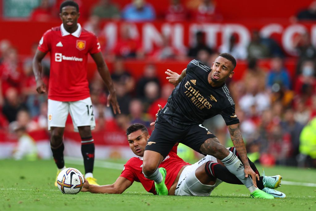 MANCHESTER, ENGLAND - SEPTEMBER 04: Casemiro of Manchester United in action during the Premier League match between Manchester United and Arsenal FC at Old Trafford on September 04, 2022 in Manchester, England. (Photo by Michael Regan/Getty Images)
