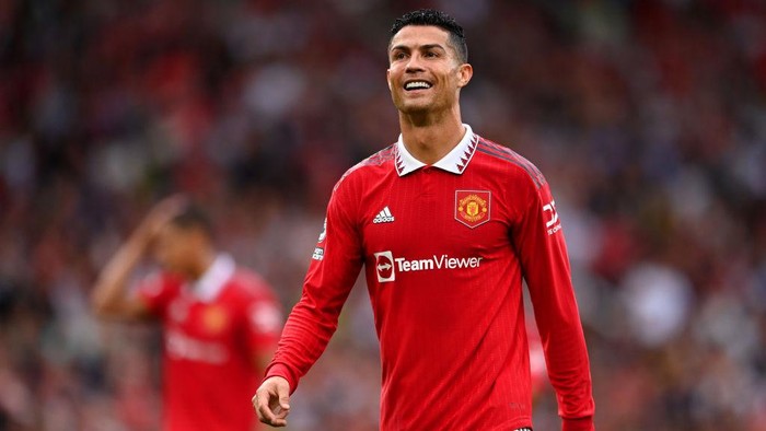 Cristiano Ronaldo MANCHESTER, ENGLAND - SEPTEMBER 04: Cristiano Ronaldo of Manchester United reacts during the Premier League match between Manchester United and Arsenal FC at Old Trafford on September 04, 2022 in Manchester, England. (Photo by Michael Regan/Getty Images)