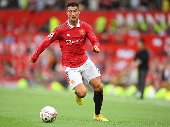 MANCHESTER, ENGLAND - SEPTEMBER 04: Cristiano Ronaldo of Manchester United in action during the Premier League match between Manchester United and Arsenal FC at Old Trafford on September 04, 2022 in Manchester, England. (Photo by Michael Regan/Getty Images)