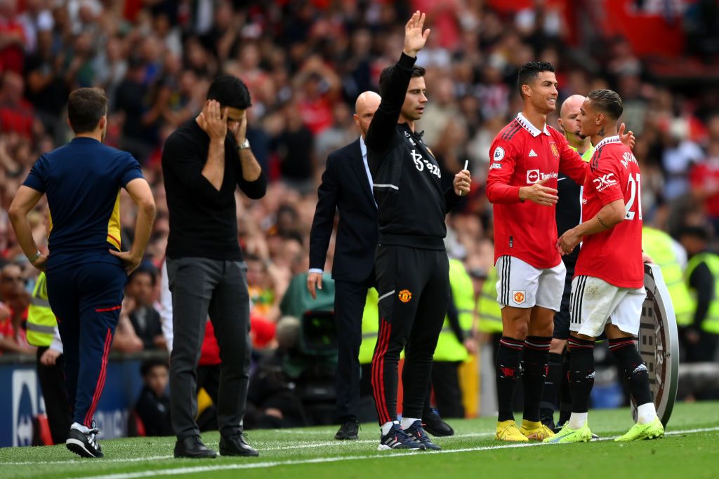 MANCHESTER, ENGLAND - SEPTEMBER 04: Cristiano Ronaldo of Manchester United  during the Premier League match between Manchester United and Arsenal FC at Old Trafford on September 4, 2022 in Manchester, United Kingdom. (Photo by Robbie Jay Barratt - AMA/Getty Images)