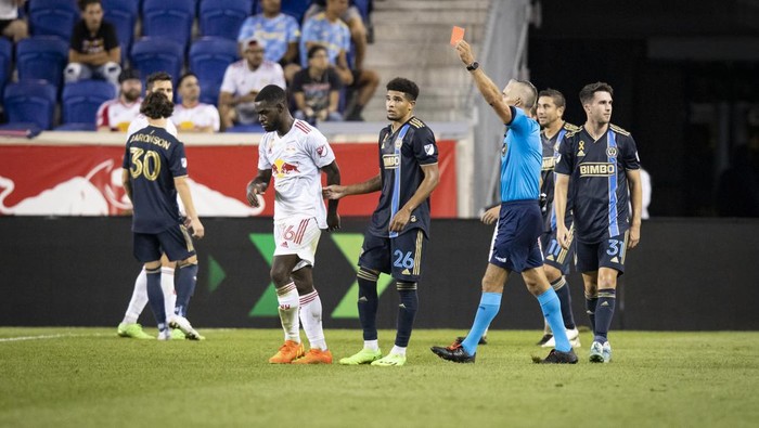 HARRISON, NJ - SEPTEMBER 03: Dru Yearwood #16 of New York Red Bulls gets a red card in the second half of the Major League Soccer match against New York Red Bulls at Red Bull Arena on September 3, 2022 in Harrison, New Jersey. (Photo by Ira L. Black - Corbis/Getty Images)