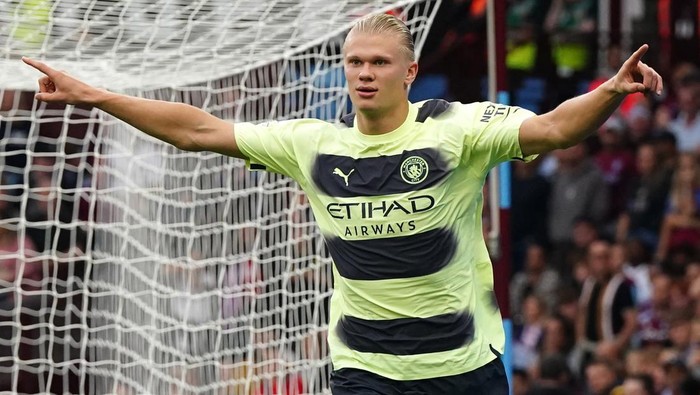 Manchester Citys Erling Haaland celebrates scoring their sides first goal of the game during the Premier League match at Villa Park, Birmingham. Picture date: Saturday September 3, 2022. (Photo by Nick Potts/PA Images via Getty Images)