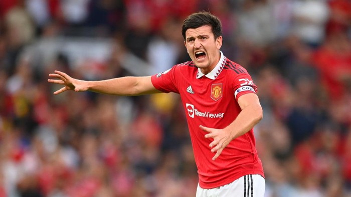 MANCHESTER, ENGLAND - SEPTEMBER 04: Harry Maguire of Manchester United in action during the Premier League match between Manchester United and Arsenal FC at Old Trafford on September 04, 2022 in Manchester, England. (Photo by Michael Regan/Getty Images)