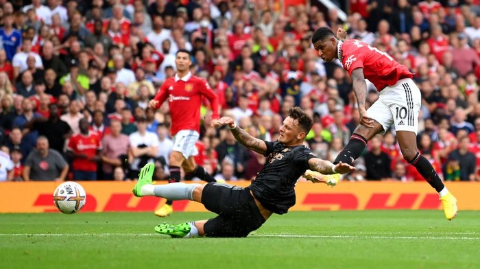 MANCHESTER, ENGLAND - SEPTEMBER 04: Marcus Rashford of Manchester United celebrates scoring their second goal during the Premier League match between Manchester United and Arsenal FC at Old Trafford on September 04, 2022 in Manchester, England. (Photo by Tom Purslow/Manchester United via Getty Images)