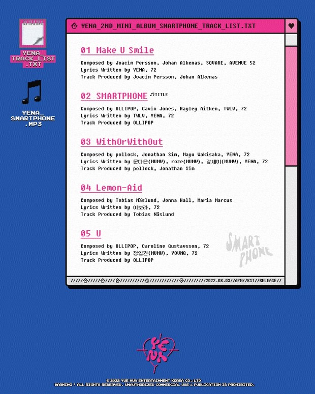 Tracklist 2nd Mini Album Smartphone / Foto : twitter.com/YENA_OFFICIAL Tracklist 2nd Mini Album Smartphone / Foto : twitter.com/YENA_OFFICIAL