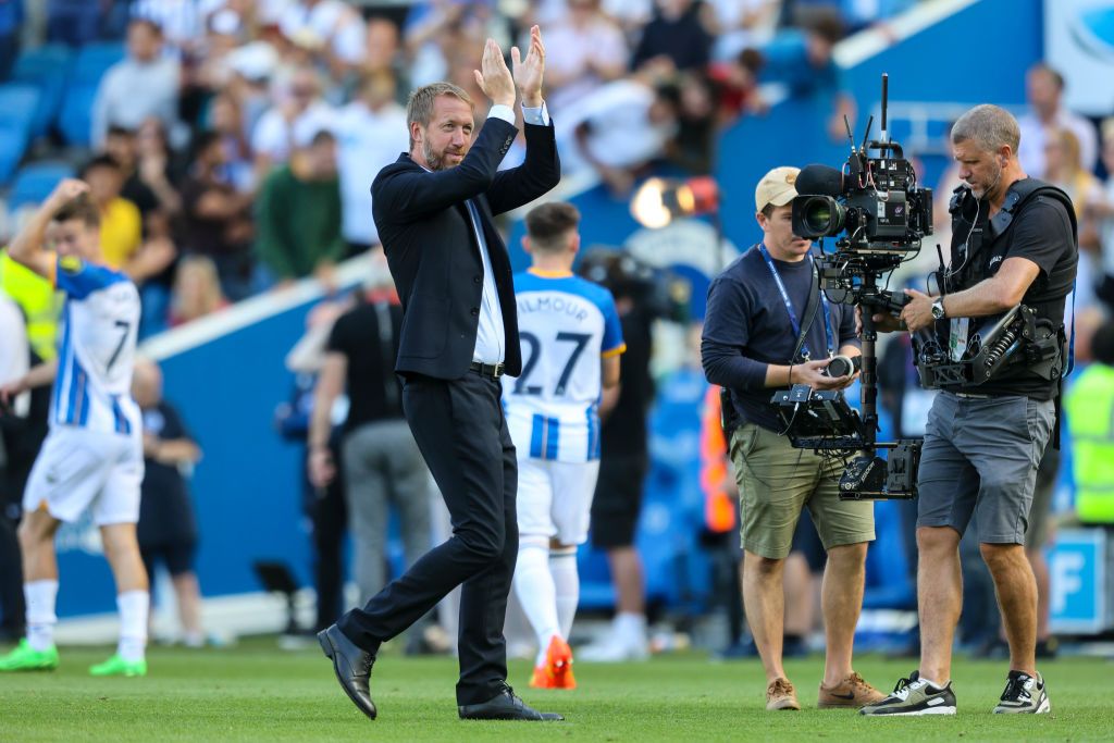 BRIGHTON, ENGLAND - SEPTEMBER 04: Head Coach Graham Potter of Brighton & Hove Albion after his sides 5-2 win during the Premier League match between Brighton & Hove Albion and Leicester City at American Express Community Stadium on September 04, 2022 in Brighton, England. (Photo by Robin Jones/Getty Images)