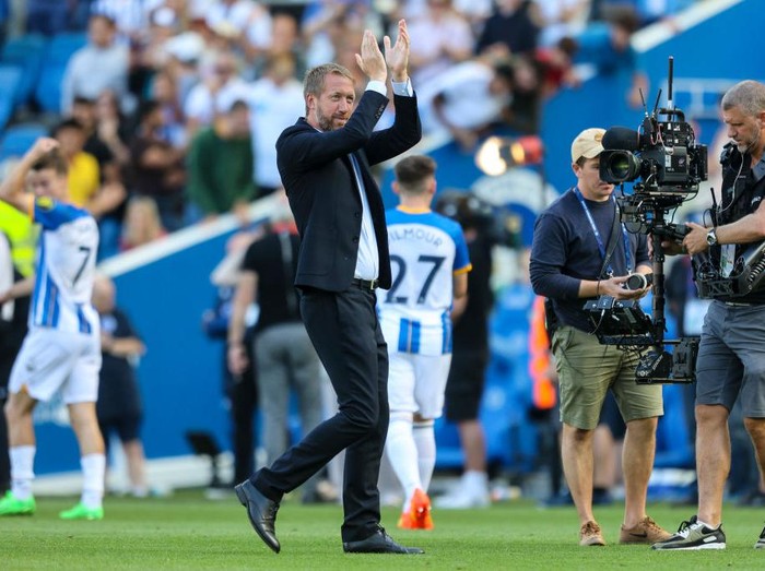 BRIGHTON, ENGLAND - SEPTEMBER 04: Head Coach Graham Potter of Brighton & Hove Albion after his sides 5-2 win during the Premier League match between Brighton & Hove Albion and Leicester City at American Express Community Stadium on September 04, 2022 in Brighton, England. (Photo by Robin Jones/Getty Images)
