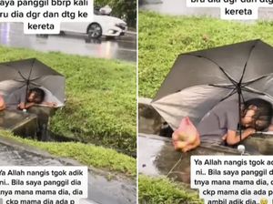 Haru! Bocah Jualan Mangga Sampai Ketiduran di Pinggir Jalan Saat Hujan