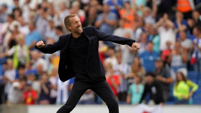 Brighton and Hove Albion manager Graham Potter celebrates after the Premier League match at the AMEX Stadium, Brighton. Picture date: Saturday August 27, 2022. (Photo by Gareth Fuller/PA Images via Getty Images)