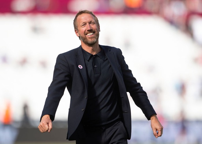 LONDON, ENGLAND - AUGUST 21: Brighton and Hove Albion manager Graham Potter celebrates winning the Premier League match between West Ham United and Brighton & Hove Albion at London Stadium on August 21, 2022 in London, England. (Photo by Visionhaus/Getty Images)