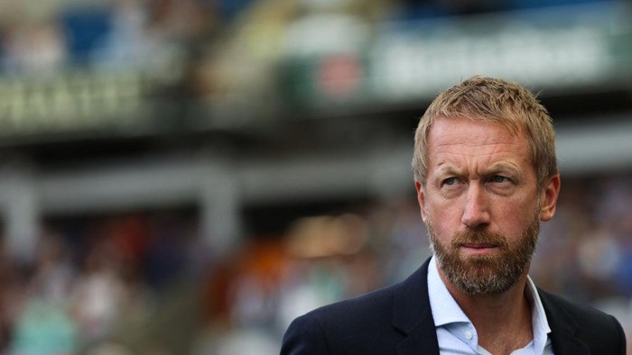 Brightons English manager Graham Potter reacts during the English Premier League football match between Brighton and Hove Albion and Leicester City at the American Express Community Stadium in Brighton, southern England on September 4, 2022. - RESTRICTED TO EDITORIAL USE. No use with unauthorized audio, video, data, fixture lists, club/league logos or live services. Online in-match use limited to 120 images. An additional 40 images may be used in extra time. No video emulation. Social media in-match use limited to 120 images. An additional 40 images may be used in extra time. No use in betting publications, games or single club/league/player publications. (Photo by ADRIAN DENNIS / AFP) / RESTRICTED TO EDITORIAL USE. No use with unauthorized audio, video, data, fixture lists, club/league logos or live services. Online in-match use limited to 120 images. An additional 40 images may be used in extra time. No video emulation. Social media in-match use limited to 120 images. An additional 40 images may be used in extra time. No use in betting publications, games or single club/league/player publications. / RESTRICTED TO EDITORIAL USE. No use with unauthorized audio, video, data, fixture lists, club/league logos or live services. Online in-match use limited to 120 images. An additional 40 images may be used in extra time. No video emulation. Social media in-match use limited to 120 images. An additional 40 images may be used in extra time. No use in betting publications, games or single club/league/player publications. (Photo by ADRIAN DENNIS/AFP via Getty Images)
