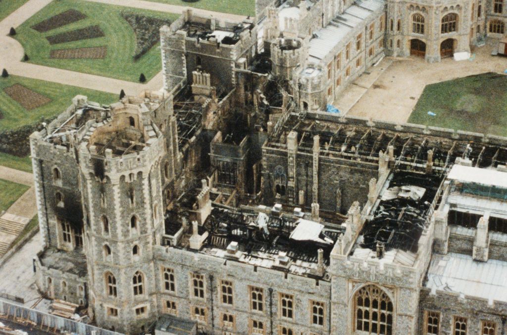 Aerial view of Windsor Castle after the fire that occured 3 days before. (Photo by Mathieu Polak/Sygma/Sygma via Getty Images)