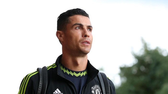 MANCHESTER, ENGLAND - SEPTEMBER 08: Cristiano Ronaldo of Manchester United arrives ahead of the UEFA Europa League group E match between Manchester United and Real Sociedad at Old Trafford on September 08, 2022 in Manchester, England. (Photo by Jan Kruger - UEFA/UEFA via Getty Images)