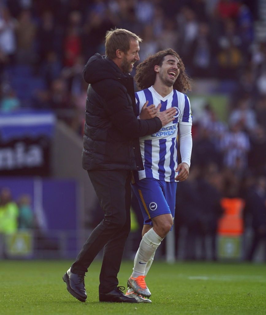 Brighton and Hove Albion manager Graham Potter celebrates with Marc Cucurella after the Premier League match at the AMEX Stadium, Brighton. Picture date: Saturday May 7, 2022. (Photo by Gareth Fuller/PA Images via Getty Images)