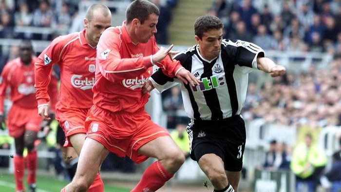 Newcastle Uniteds Laurent Robert (right) battles against Liverpools Jamie Carragher (front) and Danny Murphy during the Barclaycard Premiership match between Newcastle United and Liverpool at St James Park, Newcastle. THIS PICTURE CAN ONLY BE USED WITHIN THE CONTEXT OF AN EDITORIAL FEATURE. NO WEBSITE/INTERNET USE UNLESS SITE IS REGISTERED WITH FOOTBALL ASSOCIATION PREMIER LEAGUE.   (Photo by Owen Humphreys - PA Images/PA Images via Getty Images)
