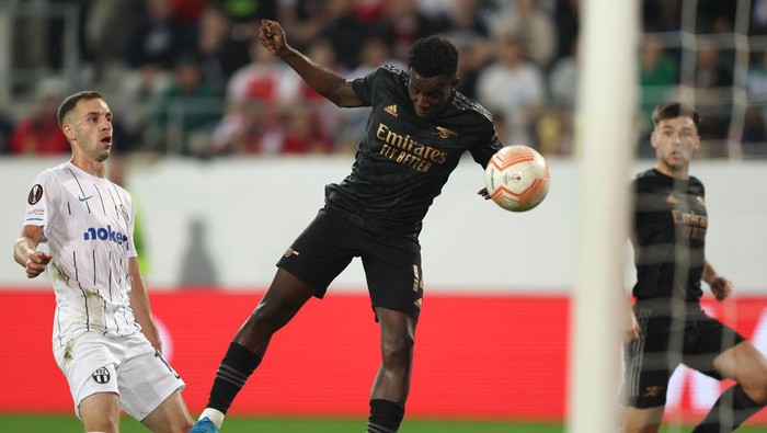 ST GALLEN, SWITZERLAND - SEPTEMBER 08: Eddie Nketiah of Arsenal scores their teams second goal during the UEFA Europa League group A match between FC Zürich and Arsenal FC at Kybunpark on September 08, 2022 in St Gallen, Switzerland. (Photo by Christian Kaspar-Bartke/Getty Images)