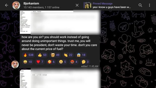 screenshot telegram doxing data menteri bumn erick thohir, aktivis medsos denny siregar, ketua dpr puan maharani, dirjen aptika kominfo semuel abrijani.