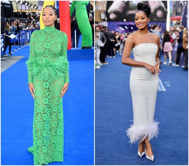 Keke Palmer mengenakan gaun dengan aksen bulu