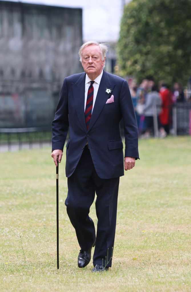 BLANDFORD FORUM, UNITED KINGDOM - MAY 01: (EMBARGOED FOR PUBLICATION IN UK NEWSPAPERS UNTIL 48 HOURS AFTER CREATE DATE AND TIME) Andrew Parker Bowles attends the funeral of Mark Shand at Holy Trinity Church, Stourpaine on May 1, 2014 near Blandford Forum in Dorset, England. Conservationist and travel writer Mark Shand, brother of Camilla, Duchess of Cornwall, died unexpectedly last week after falling and hitting his head in New York. (Photo by Max Mumby/Indigo/Getty Images)