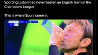 Fakta bahwa baru kali ini Sporting menang atas klub Inggris bikin Conte semakin diledek. Foto: dok. Twitter