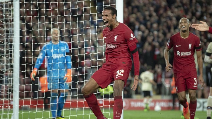 Joel Matip LIVERPOOL, ENGLAND - SEPTEMBER 13: Joel Matip of Liverpool celebrates scoring the second and winning goal during the UEFA Champions League group A match between Liverpool FC and AFC Ajax at Anfield on September 13, 2022 in Liverpool, United Kingdom. (Photo by Visionhaus/Getty Images)