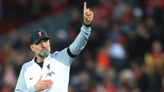 Liverpools German manager Jurgen Klopp waves to supporters at the end of the UEFA Champions League group A football match between Liverpool and Ajax at Anfield in Liverpool, north west England on September 13, 2022. (Photo by Lindsey Parnaby / AFP) (Photo by LINDSEY PARNABY/AFP via Getty Images)