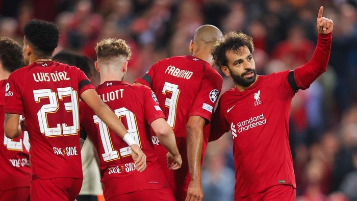 Liverpool LIVERPOOL, ENGLAND - SEPTEMBER 13: Mohamed Salah of Liverpool celebrates after scoring during the UEFA Champions League group A match between Liverpool FC and AFC Ajax at Anfield on September 13, 2022 in Liverpool, England. (Photo by James Gill - Danehouse/Getty Images)