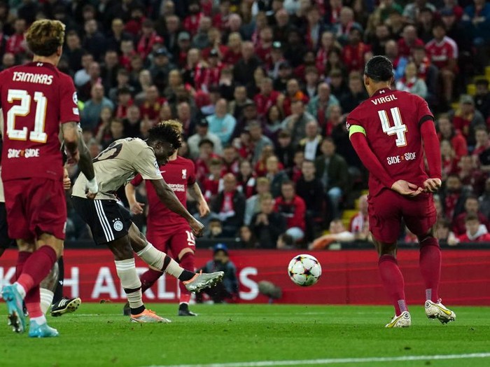 Ajaxs Mohammed Kudus scores their sides first goal of the game during the UEFA Champions League match at Anfield, Liverpool. Picture date: Tuesday September 13, 2022. (Photo by Martin Rickett/PA Images via Getty Images)