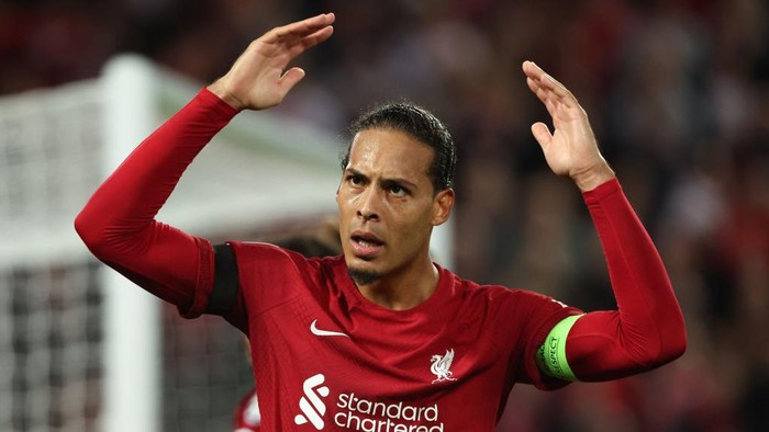 LIVERPOOL, ENGLAND - SEPTEMBER 13: Virgil van Dijk of Liverpool reacts during the UEFA Champions League group A match between Liverpool FC and AFC Ajax at Anfield on September 13, 2022 in Liverpool, United Kingdom. (Photo by Matthew Ashton - AMA/2022 AMA Sports Photo Agency)