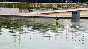 Byur! Petugas Basah-basahan Bersihkan Kolam Lapangan Banteng