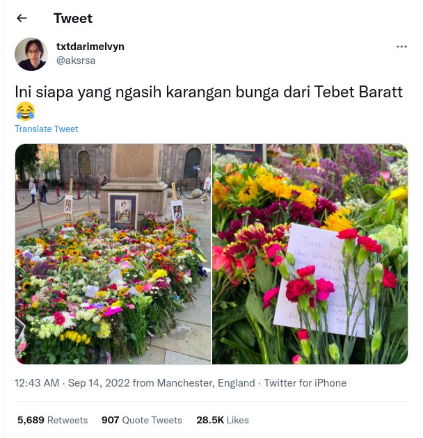 Foto karangan bunga dari Tebet Barat untuk Ratu Elizabeth II