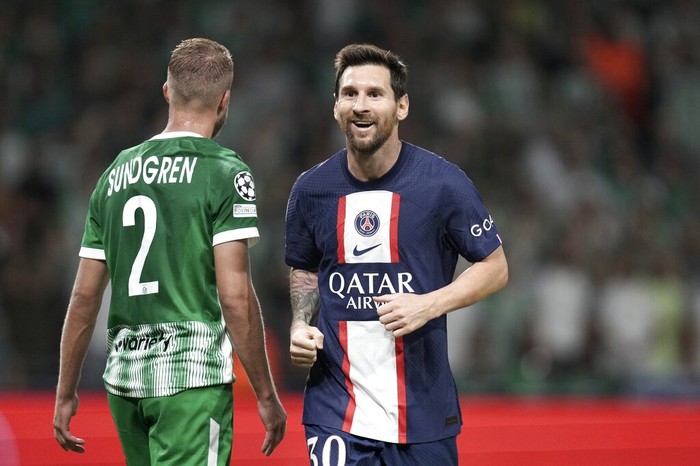 PSGs Lionel Messi celebrates after scoring the opening goal during the group H Champions League soccer match between Maccabi Haifa and Paris Saint-Germain in Haifa, Israel, Wednesday, Sept. 14, 2022. (AP Photo/Ariel Schalit)