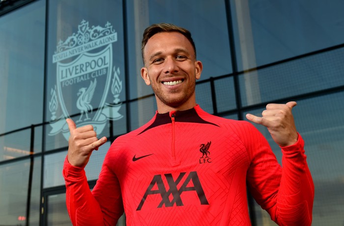 KIRKBY, ENGLAND - SEPTEMBER 01: (THE SUN OUT, THE SUN ON SUNDAY OUT) Arthur Melo new signing for Liverpool at AXA Training Centre on September 01, 2022 in Kirkby, England. (Photo by Andrew Powell/Liverpool FC via Getty Images)