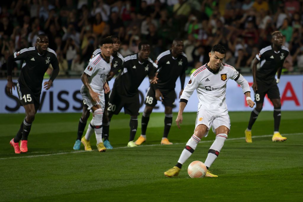 CHISINAU, MOLDOVA - SEPTEMBER 15: Cristiano Ronaldo of Manchester United takes a penalty kick during the UEFA Europa League group E match between Sheriff Tiraspol and Manchester United at Stadionul Zimbru on September 15, 2022 in Chisinau, Moldova. (Photo by Ash Donelon/Manchester United via Getty Images)