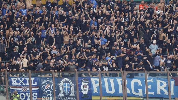 MILAN, ITALY - SEPTEMBER 14: . Supporters of GNK Dinamo Zagreb prior to the UEFA Champions League group E match between AC Milan and Dinamo Zagreb at Giuseppe Meazza Stadium on September 14, 2022 in Milan, Italy. (Photo by Matteo Ciambelli/DeFodi Images via Getty Images)